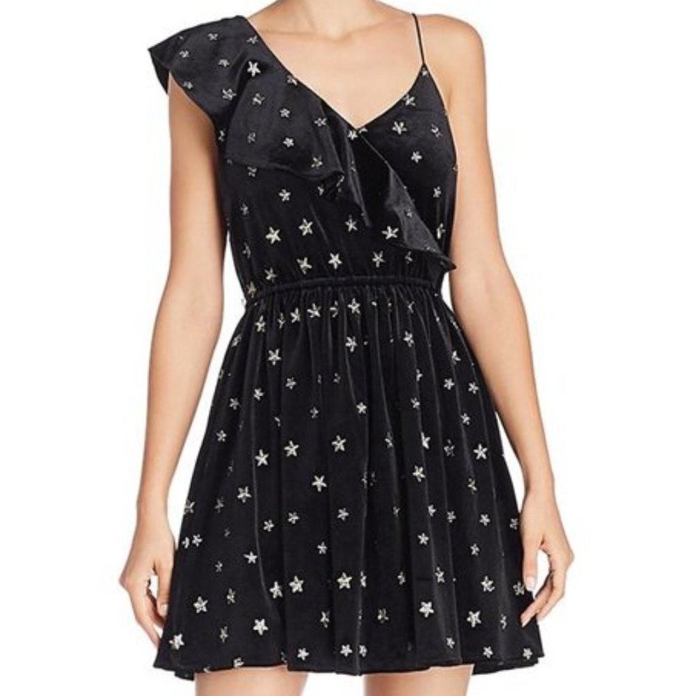 NWT AQUA | Black Star Ruffle-Accent Asymmetrical Dress - small